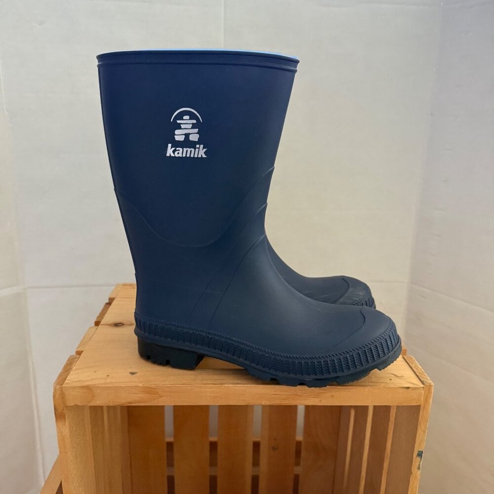Kamik Boys Size 4 Navy Black Waterproof Rubber Knee High Outdoor Rain Boots - Picture 13 of 14